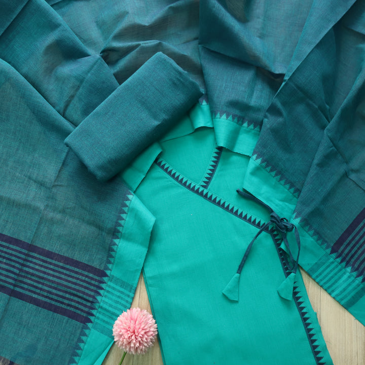 Sanskruti Teal Blue Long Angrakha Style South Cotton Temple Hem Suit Set