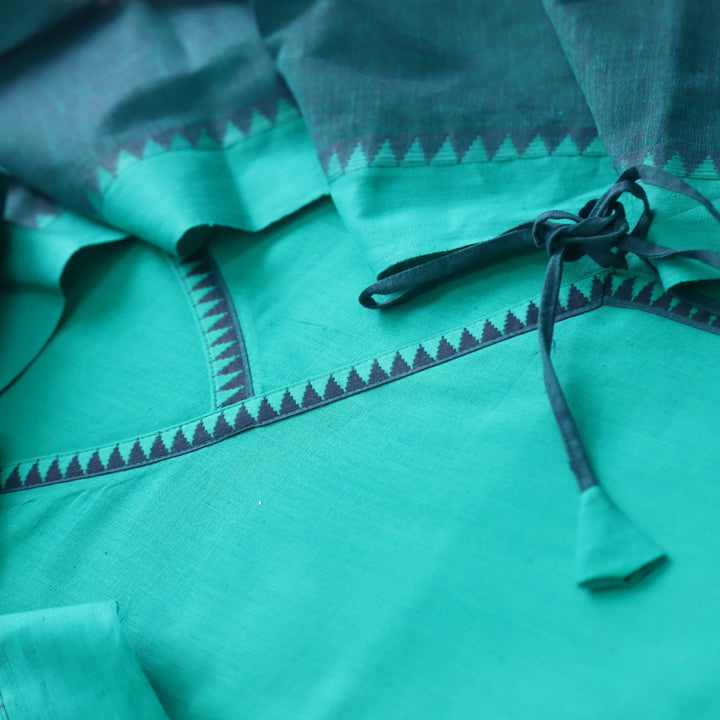 Sanskruti Teal Blue Long Angrakha Style South Cotton Temple Hem Suit Set