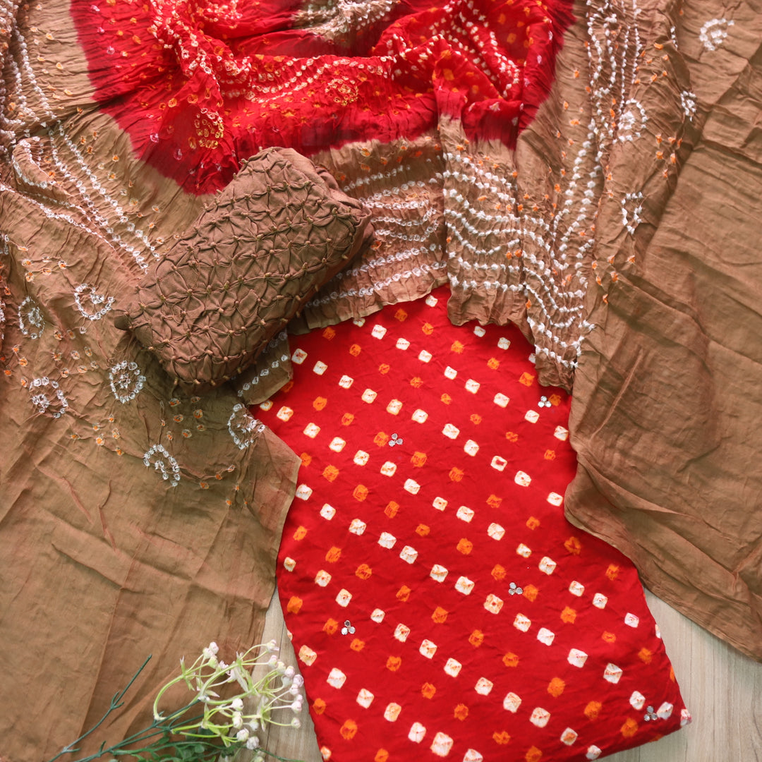 Ruksana Bride Red and Choco Authentic Bandhej Work Cotton Suit Set