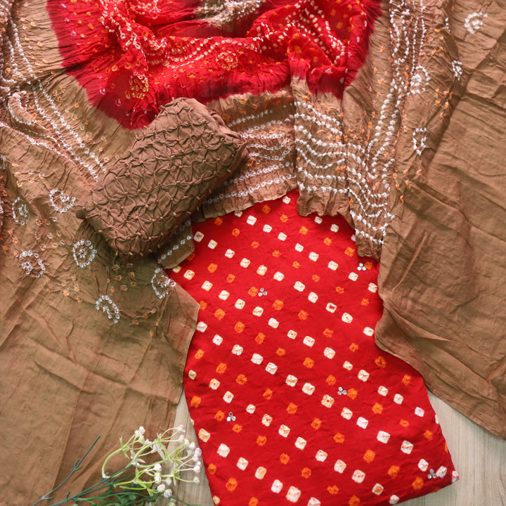 Ruksana Bride Red and Choco Authentic Bandhej Work Cotton Suit Set