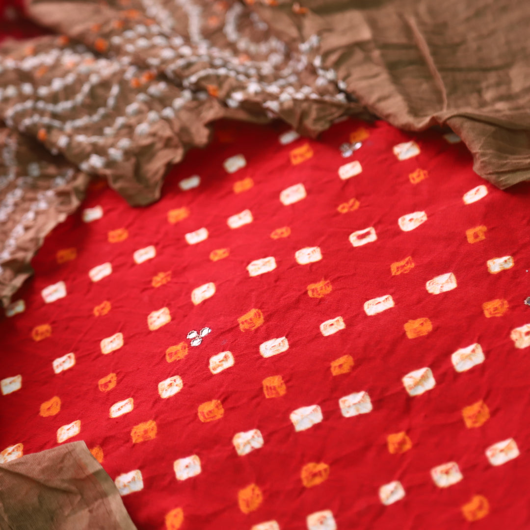 Ruksana Bride Red and Choco Authentic Bandhej Work Cotton Suit Set