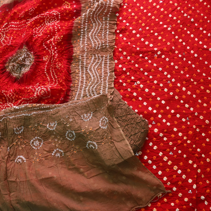 Ruksana Bride Red and Choco Authentic Bandhej Work Cotton Suit Set