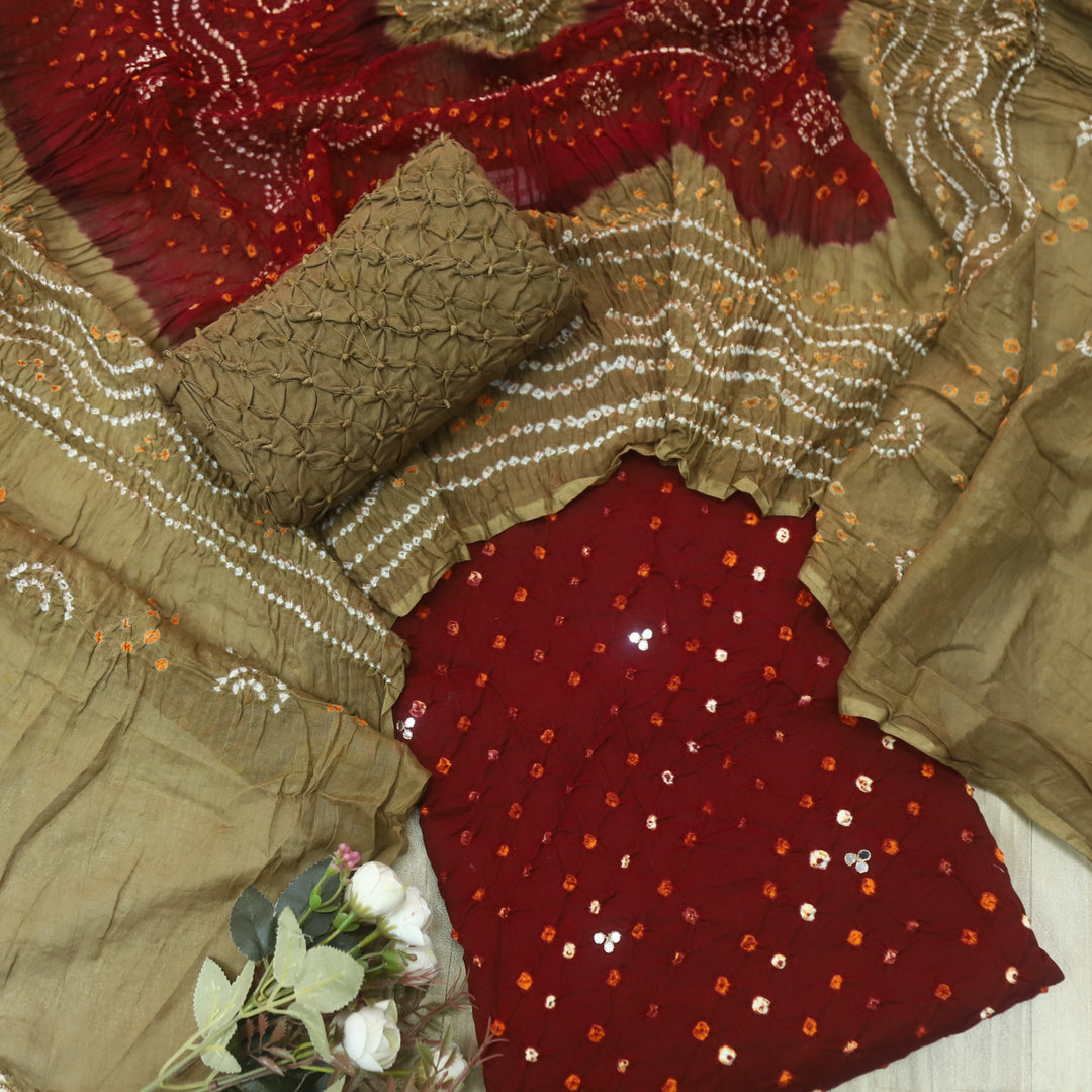Ruksana Choco Brown and Beige Authentic Bandhej Work Cotton Suit Set