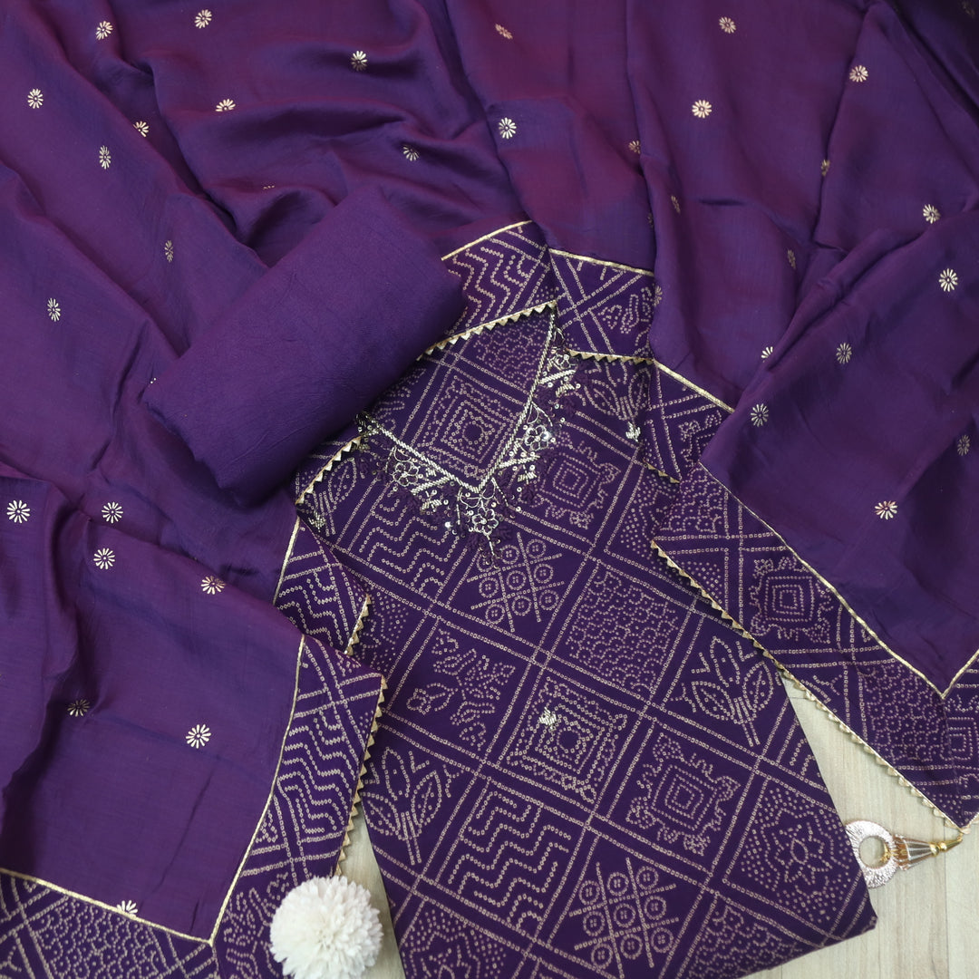 Rahi Dark Purple V Neck Embellish Work In Bandani Print Muslin Suit Set