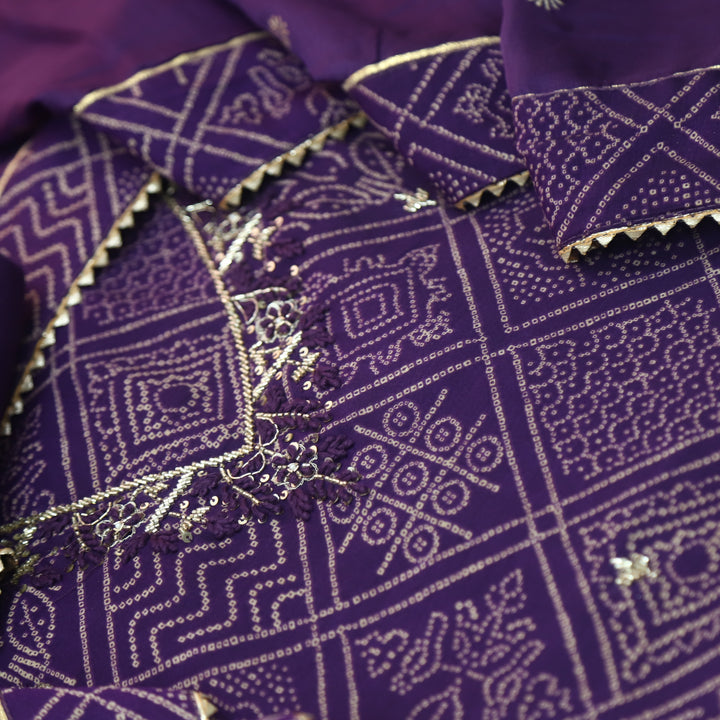 Rahi Dark Purple V Neck Embellish Work In Bandani Print Muslin Suit Set