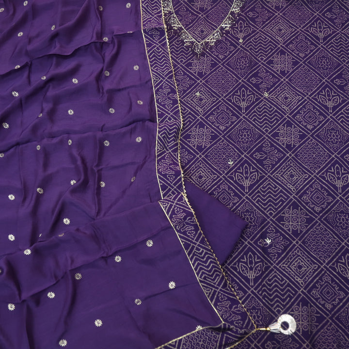 Rahi Dark Purple V Neck Embellish Work In Bandani Print Muslin Suit Set
