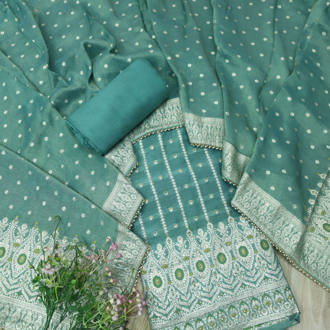Falak Sage Green Brocade Work Hem Shimmer Tissue Silk Suit Set