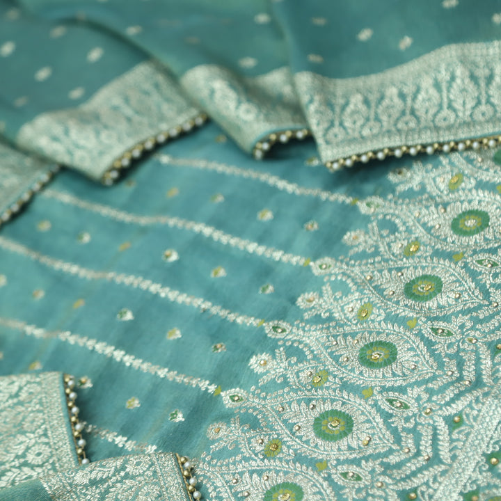 Falak Sage Green Brocade Work Hem Shimmer Tissue Silk Suit Set