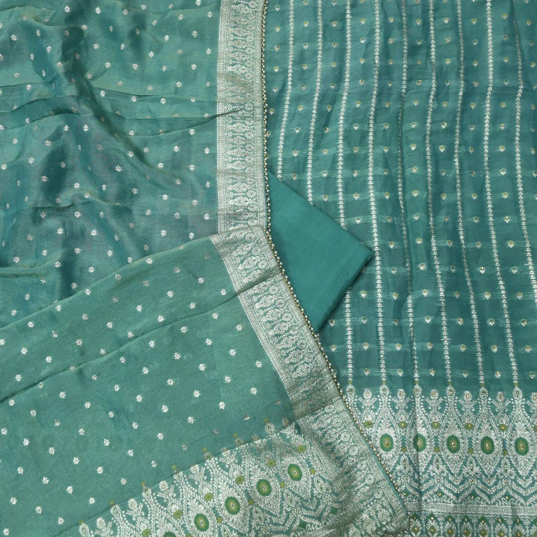 Falak Sage Green Brocade Work Hem Shimmer Tissue Silk Suit Set