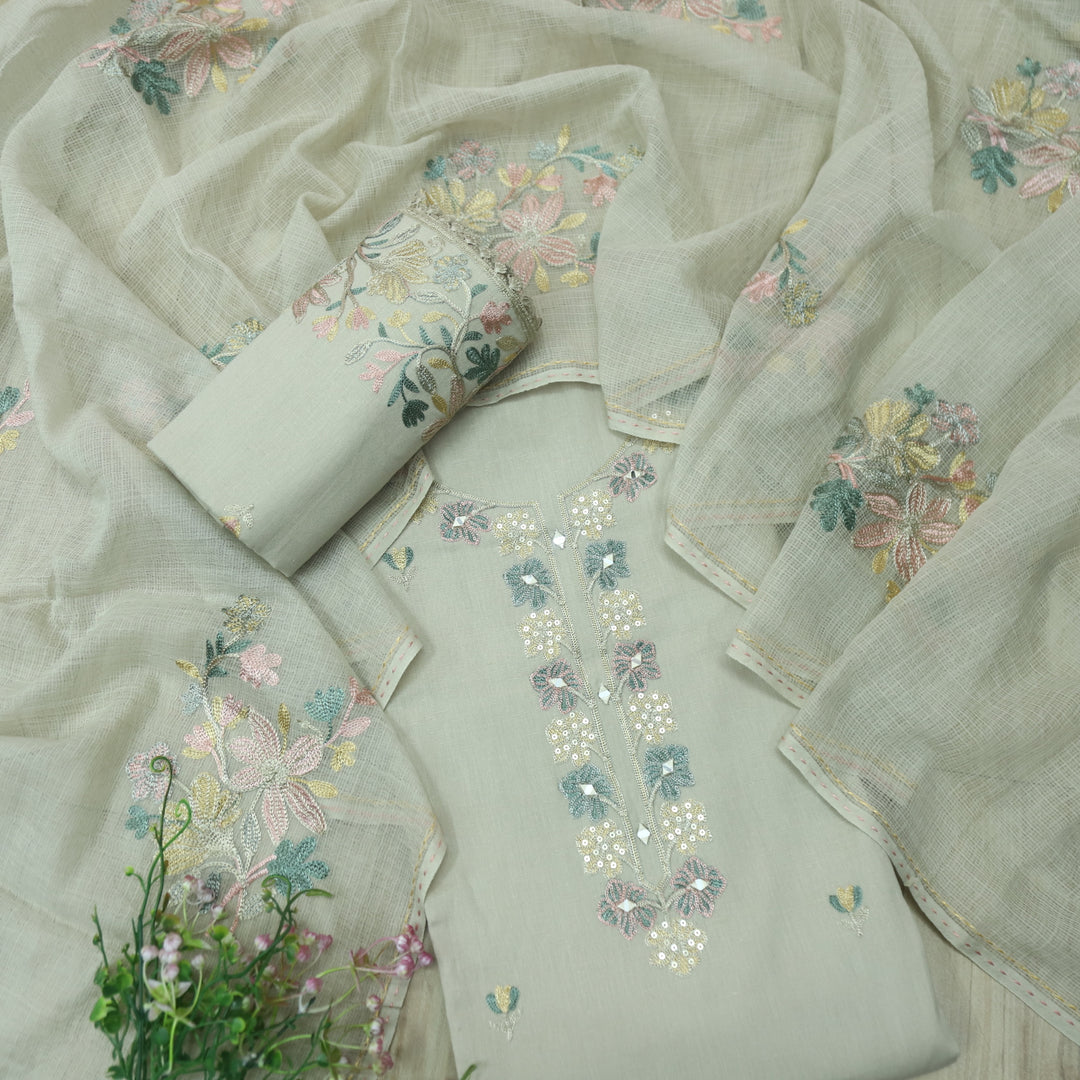 Roheen Sand Beige with Kashida Embriodered Neck Cotton Flex Suit Set