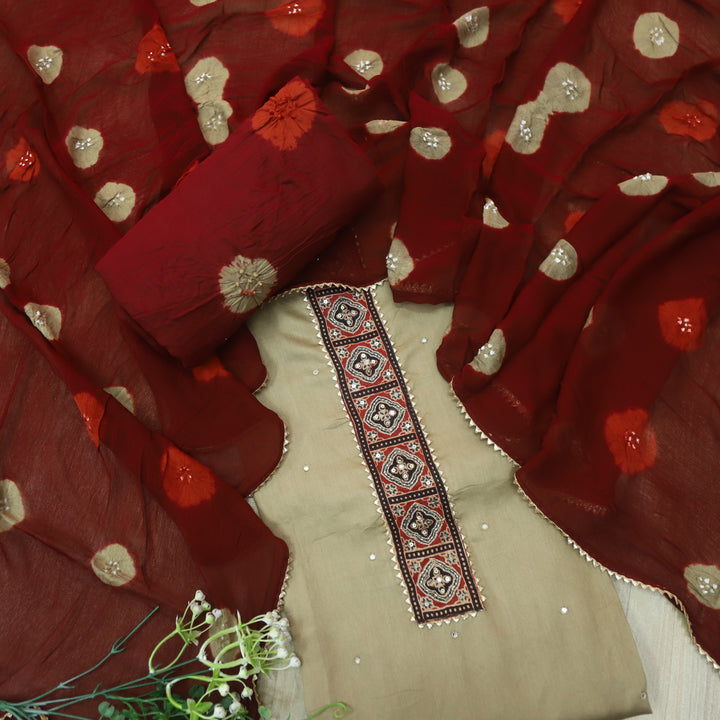 Ruksana Tan Beige Neck Patch with Patra Work Cotton Suit Set