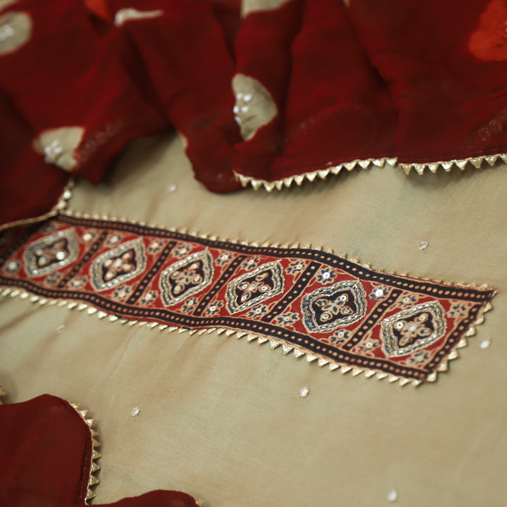 Ruksana Tan Beige Neck Patch with Patra Work Cotton Suit Set