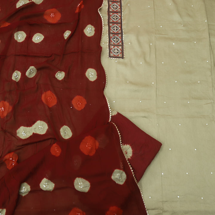 Ruksana Tan Beige Neck Patch with Patra Work Cotton Suit Set