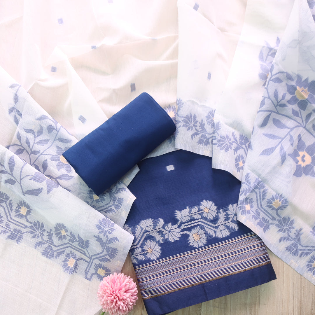 Jannat Royal Blue Floral Authentic Jamdani Top and Dupatta Suit Set