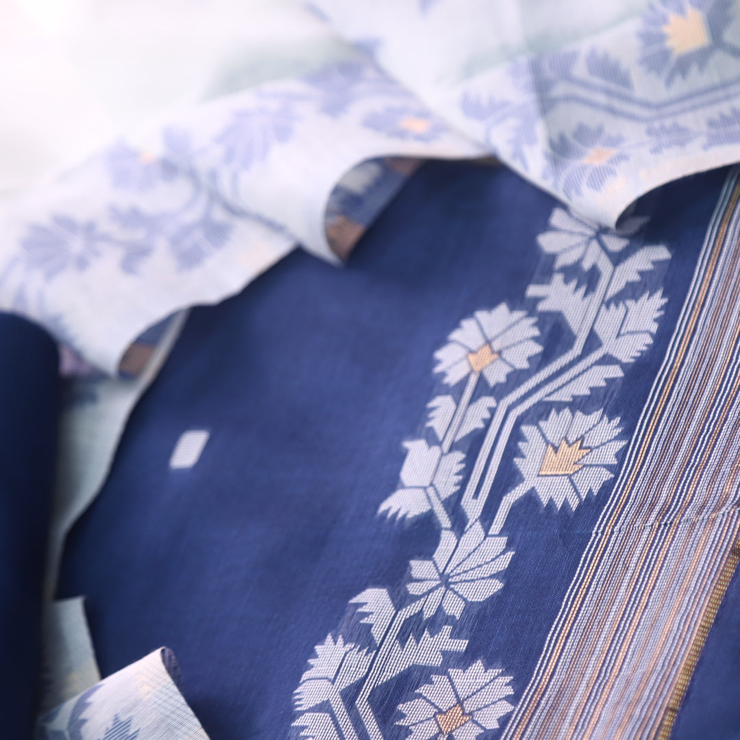 Jannat Royal Blue Floral Authentic Jamdani Top and Dupatta Suit Set