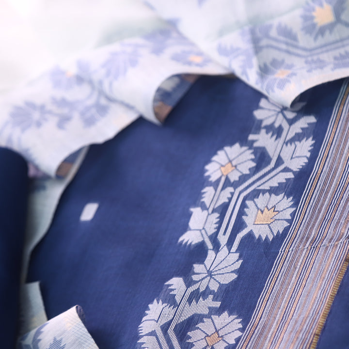 Jannat Royal Blue Floral Authentic Jamdani Top and Dupatta Suit Set