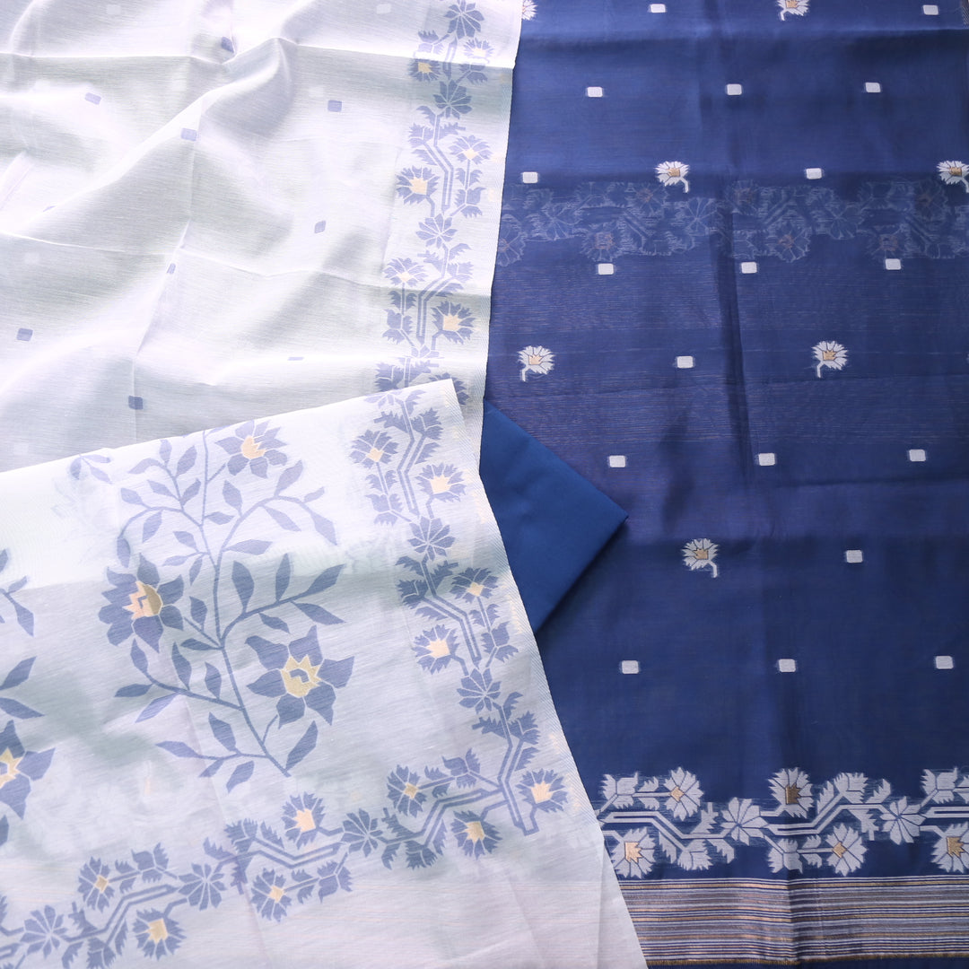 Jannat Royal Blue Floral Authentic Jamdani Top and Dupatta Suit Set
