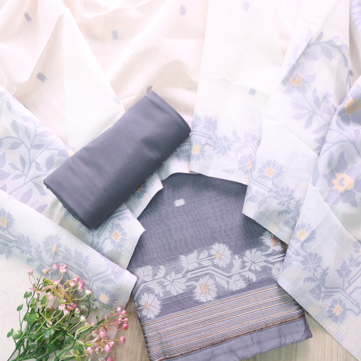 Jannat Fossil Grey Floral Authentic Jamdani Top and Dupatta Suit Set