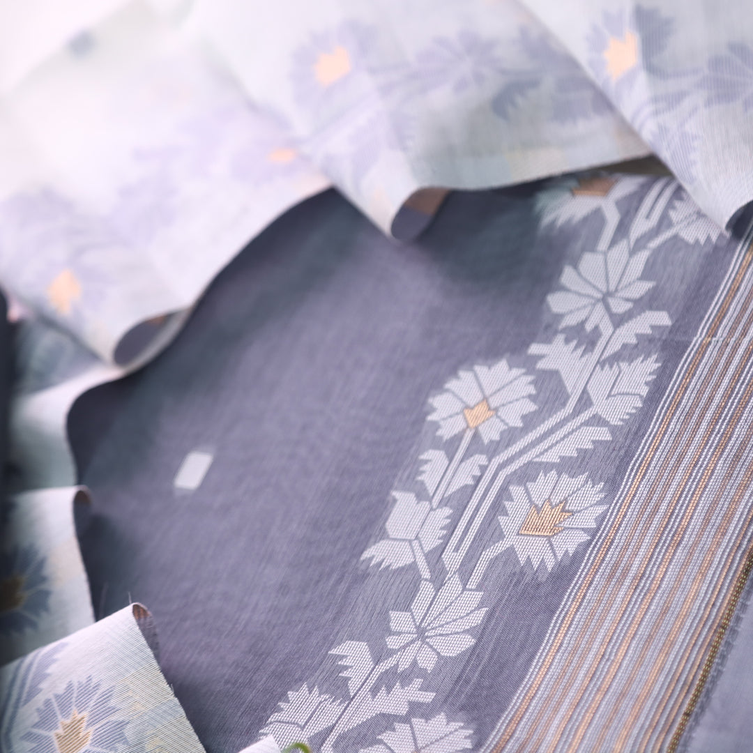 Jannat Fossil Grey Floral Authentic Jamdani Top and Dupatta Suit Set