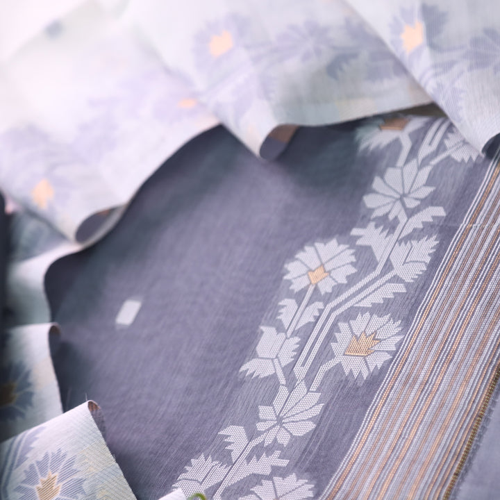 Jannat Fossil Grey Floral Authentic Jamdani Top and Dupatta Suit Set
