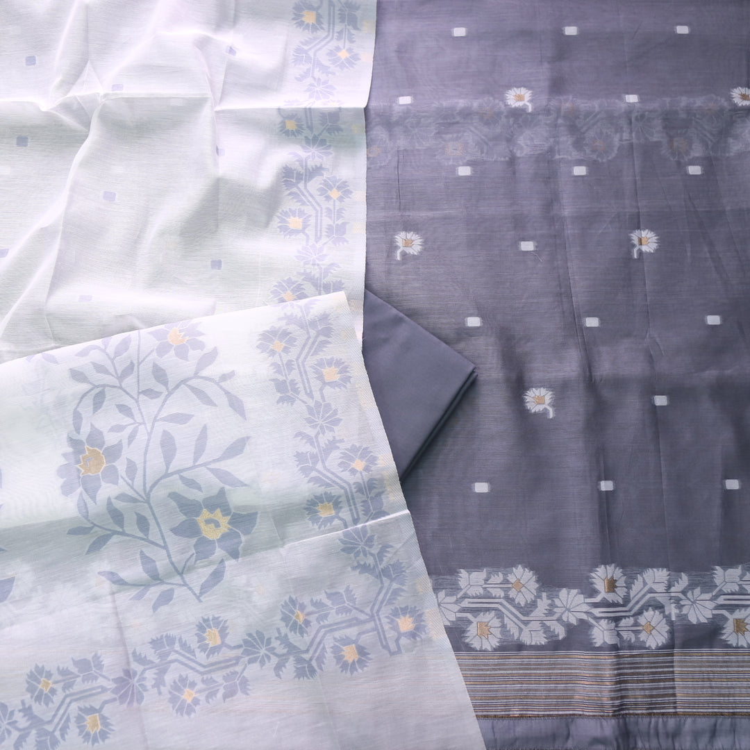 Jannat Fossil Grey Floral Authentic Jamdani Top and Dupatta Suit Set