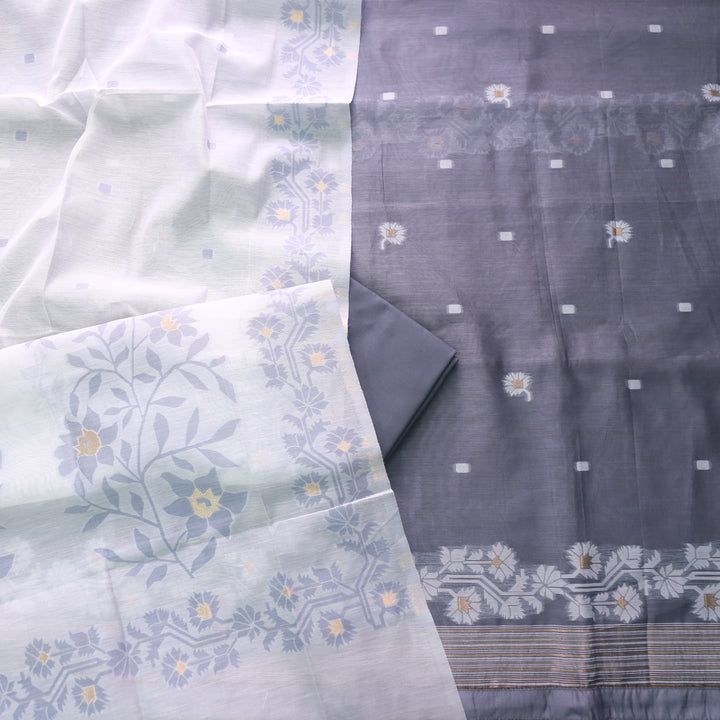 Jannat Fossil Grey Floral Authentic Jamdani Top and Dupatta Suit Set