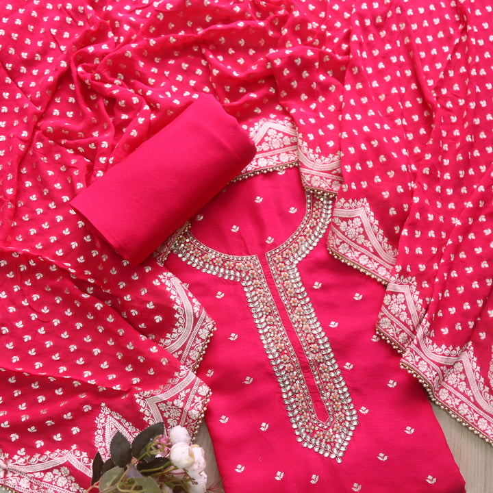 Kayamat Rani Pink Silk Top with Embellished Neck Line Suit Set