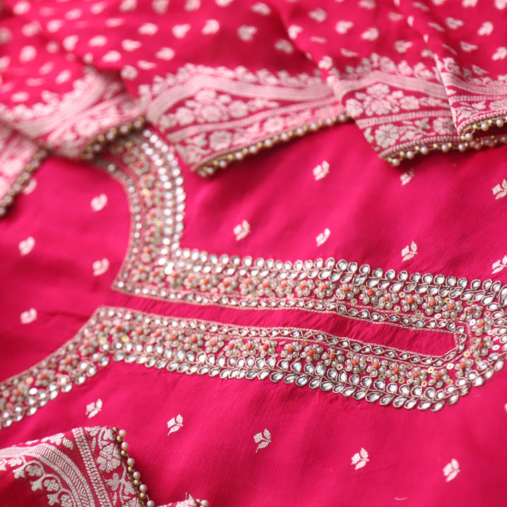 Kayamat Rani Pink Silk Top with Embellished Neck Line Suit Set