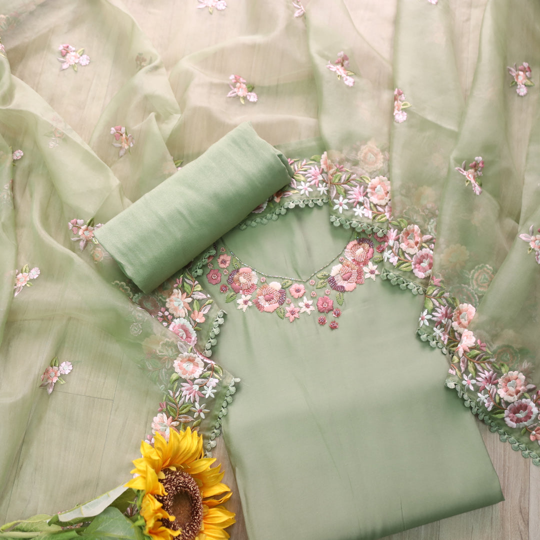 Rivva Tea Green Thread Embroidered with Moti Work Neck Modal Suit Set