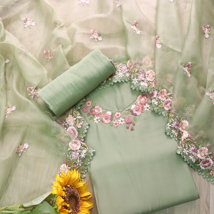 Rivva Tea Green Thread Embroidered with Moti Work Neck Modal Suit Set