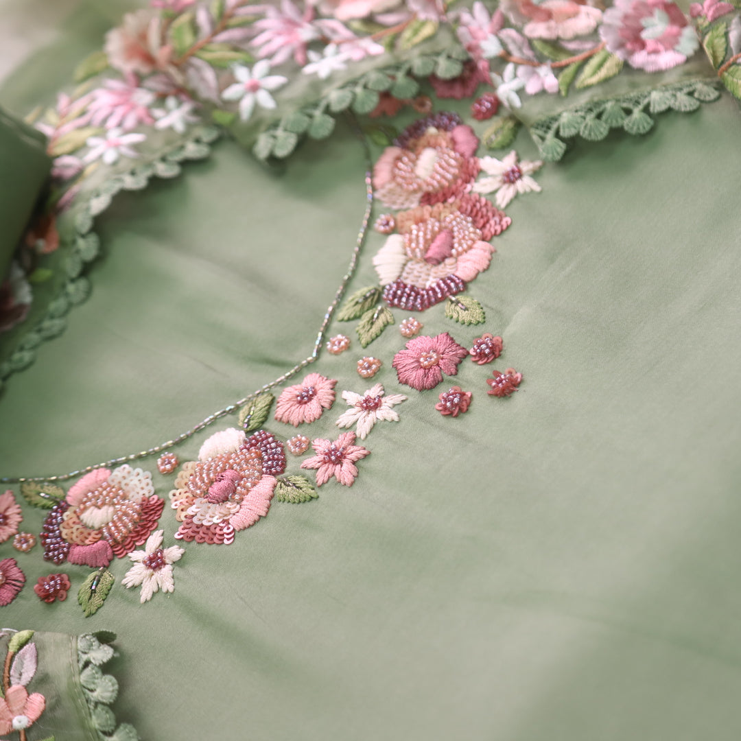 Rivva Tea Green Thread Embroidered with Moti Work Neck Modal Suit Set