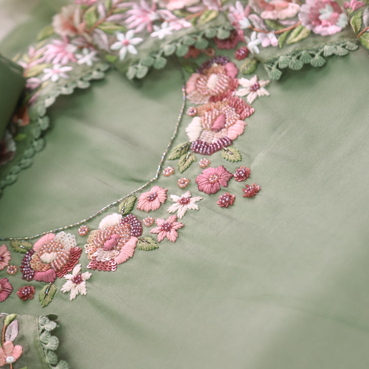 Rivva Tea Green Thread Embroidered with Moti Work Neck Modal Suit Set