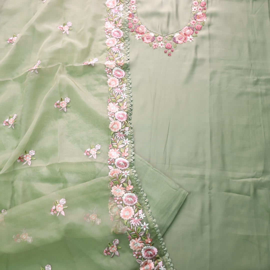 Rivva Tea Green Thread Embroidered with Moti Work Neck Modal Suit Set