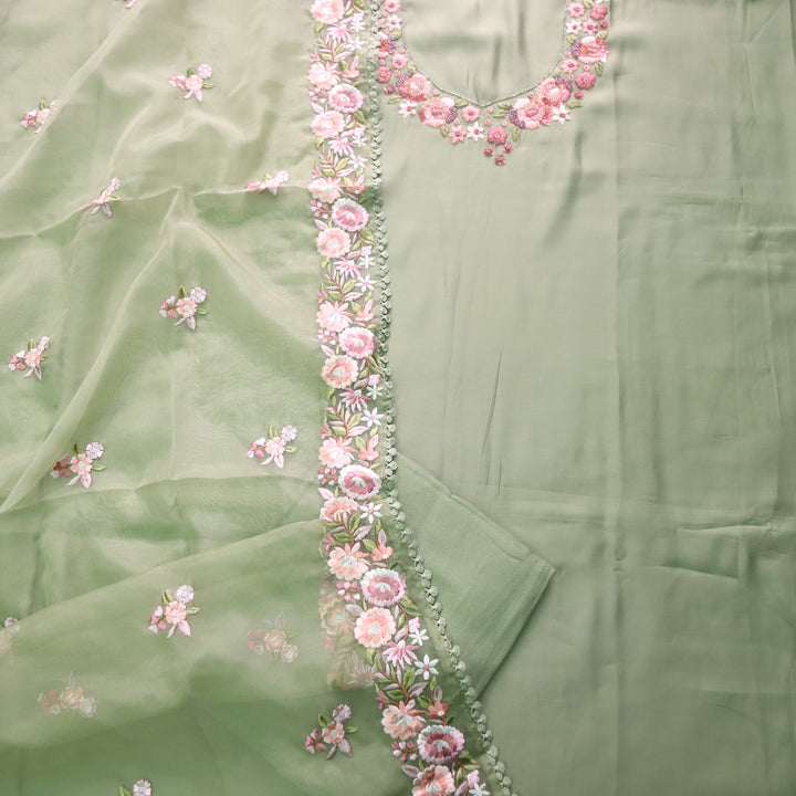 Rivva Tea Green Thread Embroidered with Moti Work Neck Modal Suit Set