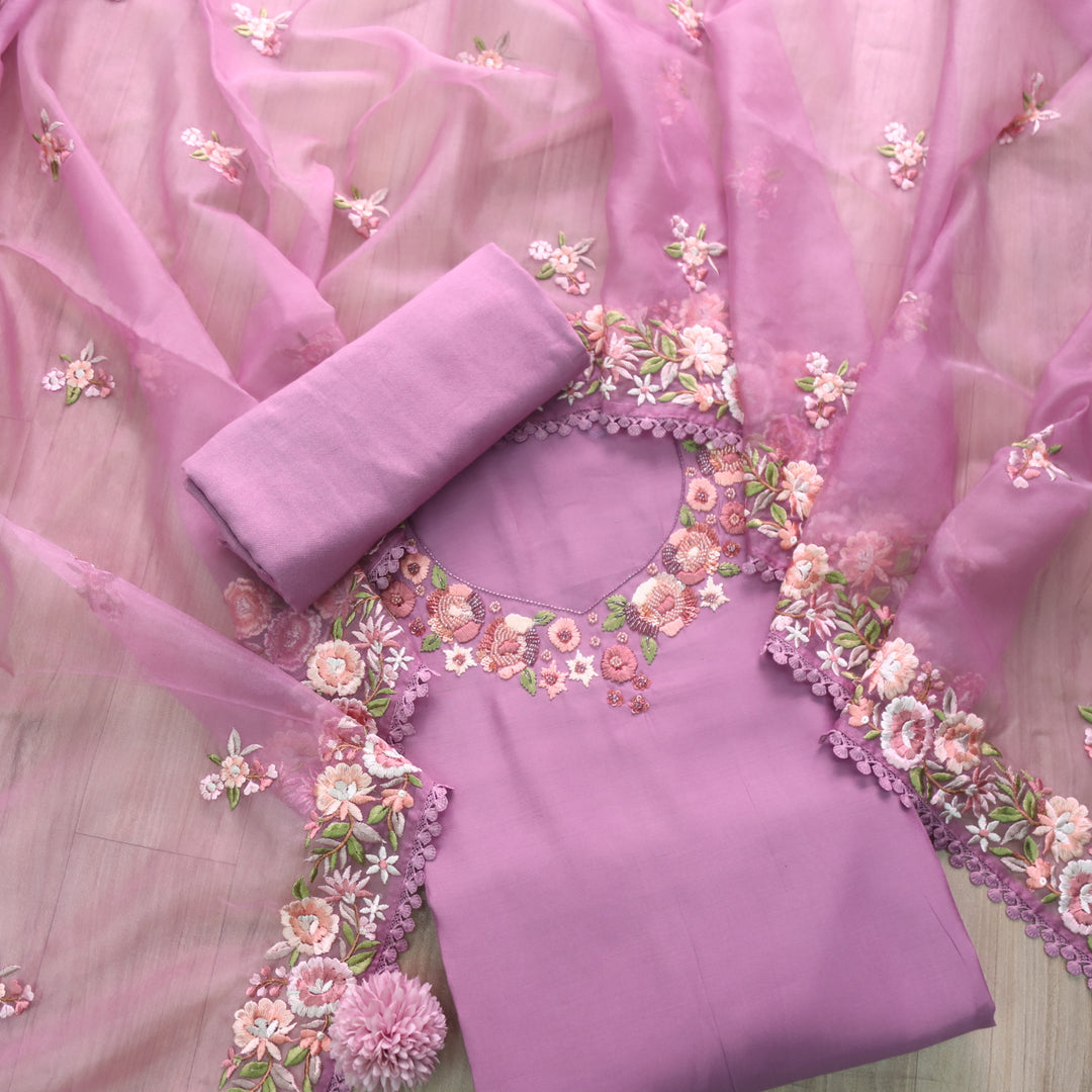 Rivva Mulberry Mauve Thread Embroidered with Moti Work Neck Modal Suit Set