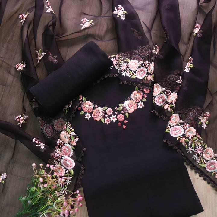 Rivva Night Black Thread Embroidered with Moti Work Neck Modal Suit Set