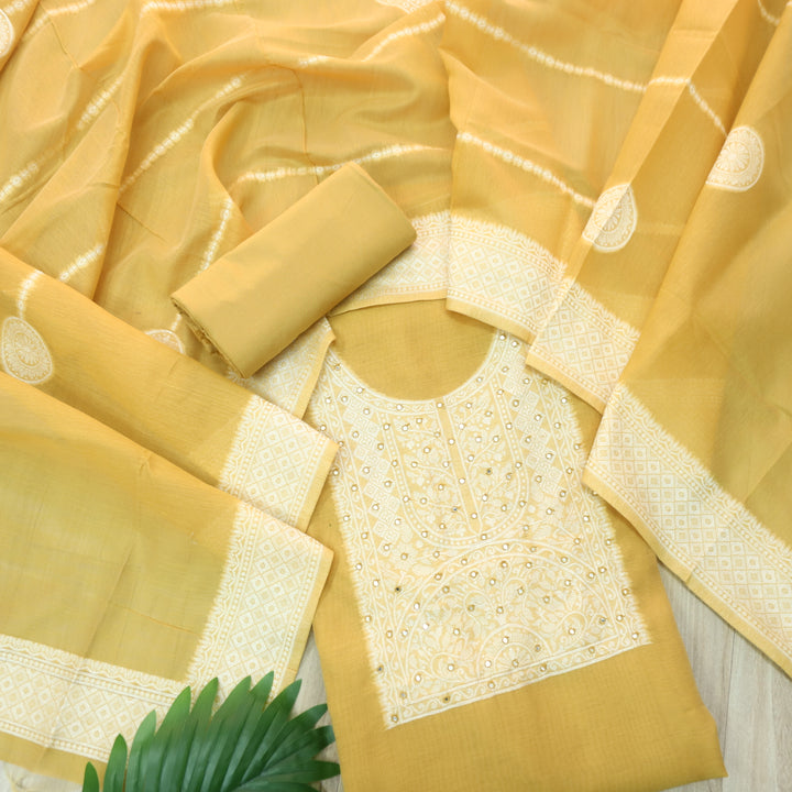 Jamdani Dijon Yellow Patra Neck Work Jamdani Weaved Suit Set