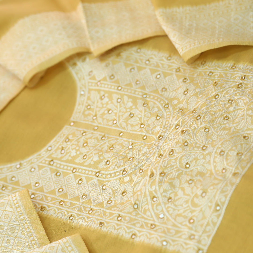 Jamdani Dijon Yellow Patra Neck Work Jamdani Weaved Suit Set