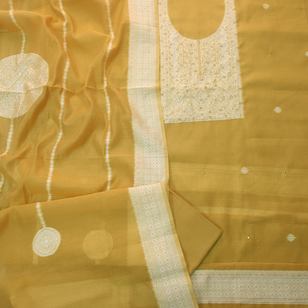 Jamdani Dijon Yellow Patra Neck Work Jamdani Weaved Suit Set