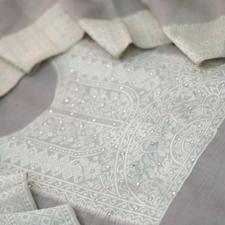 Jamdani Silver Grey Patra Neck Work Jamdani Weaved Suit Set