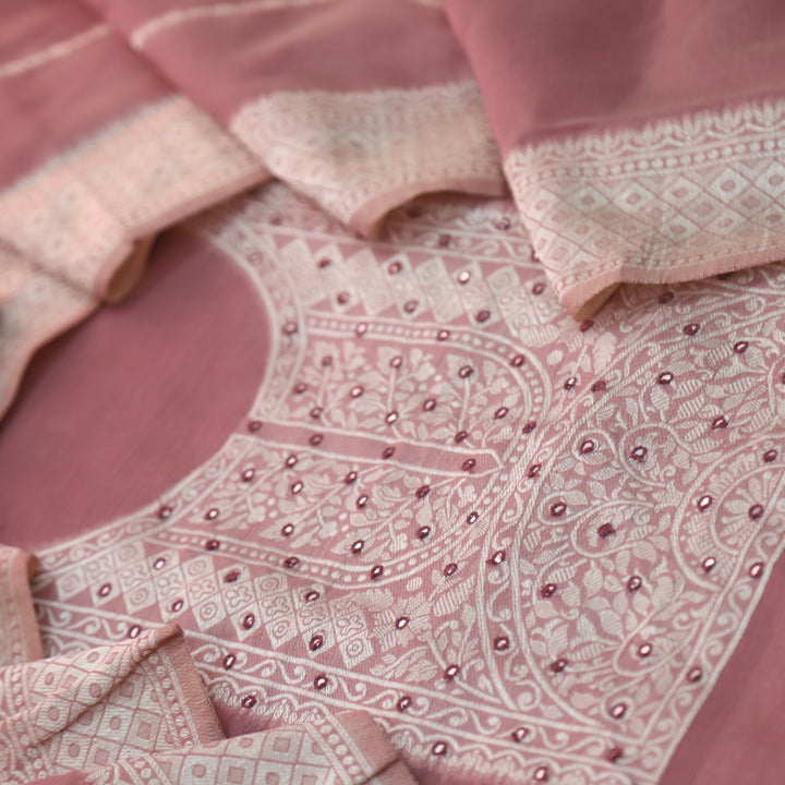 Jamdani Flamingo Mauve Patra Neck Work Jamdani Weaved Suit Set