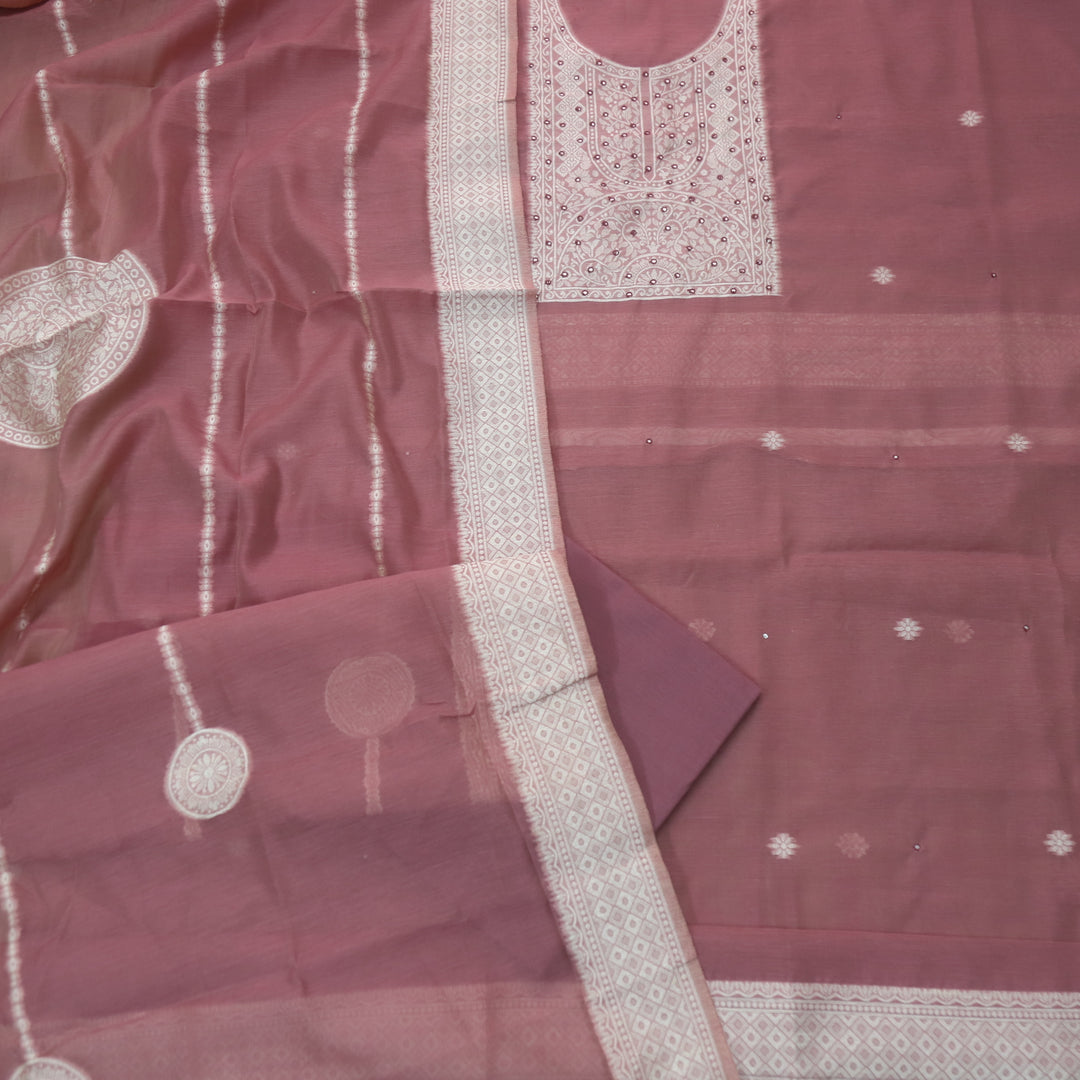 Jamdani Flamingo Mauve Patra Neck Work Jamdani Weaved Suit Set