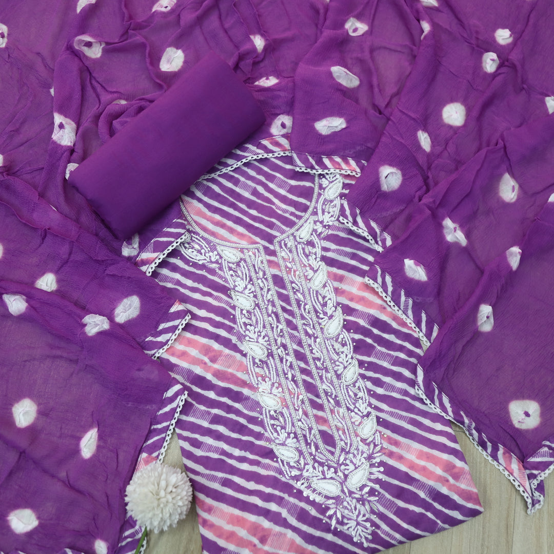 Rahi Orchid Purple Embellish Moti Work In leheriya Print Cotton Suit Set D3