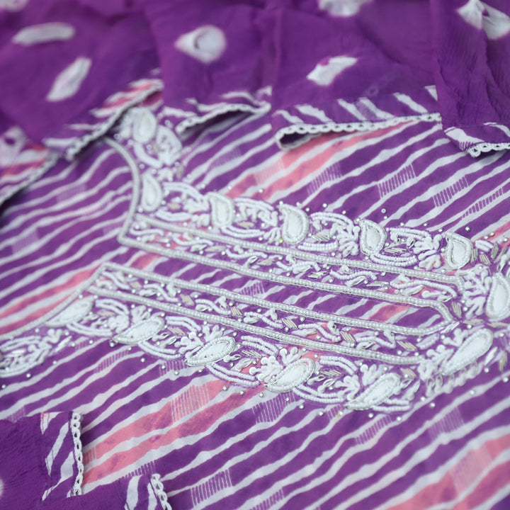 Rahi Orchid Purple Embellish Moti Work In leheriya Print Cotton Suit Set D3