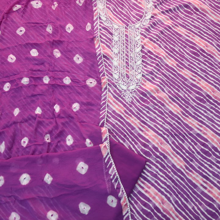 Rahi Orchid Purple Embellish Moti Work In leheriya Print Cotton Suit Set D3