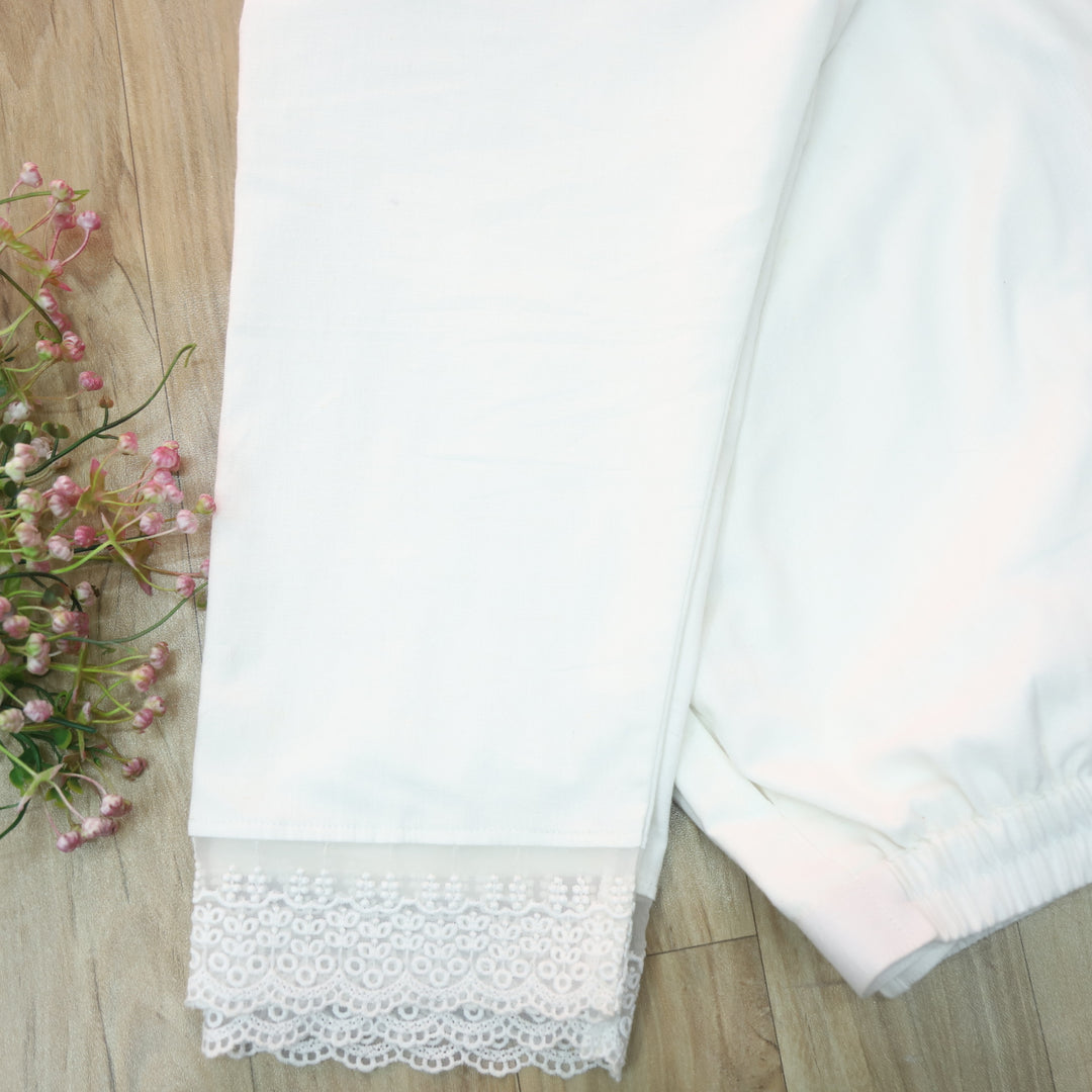 Nazariya Pearl White Plain Cotton Flex Trouser with Lace Work Hem