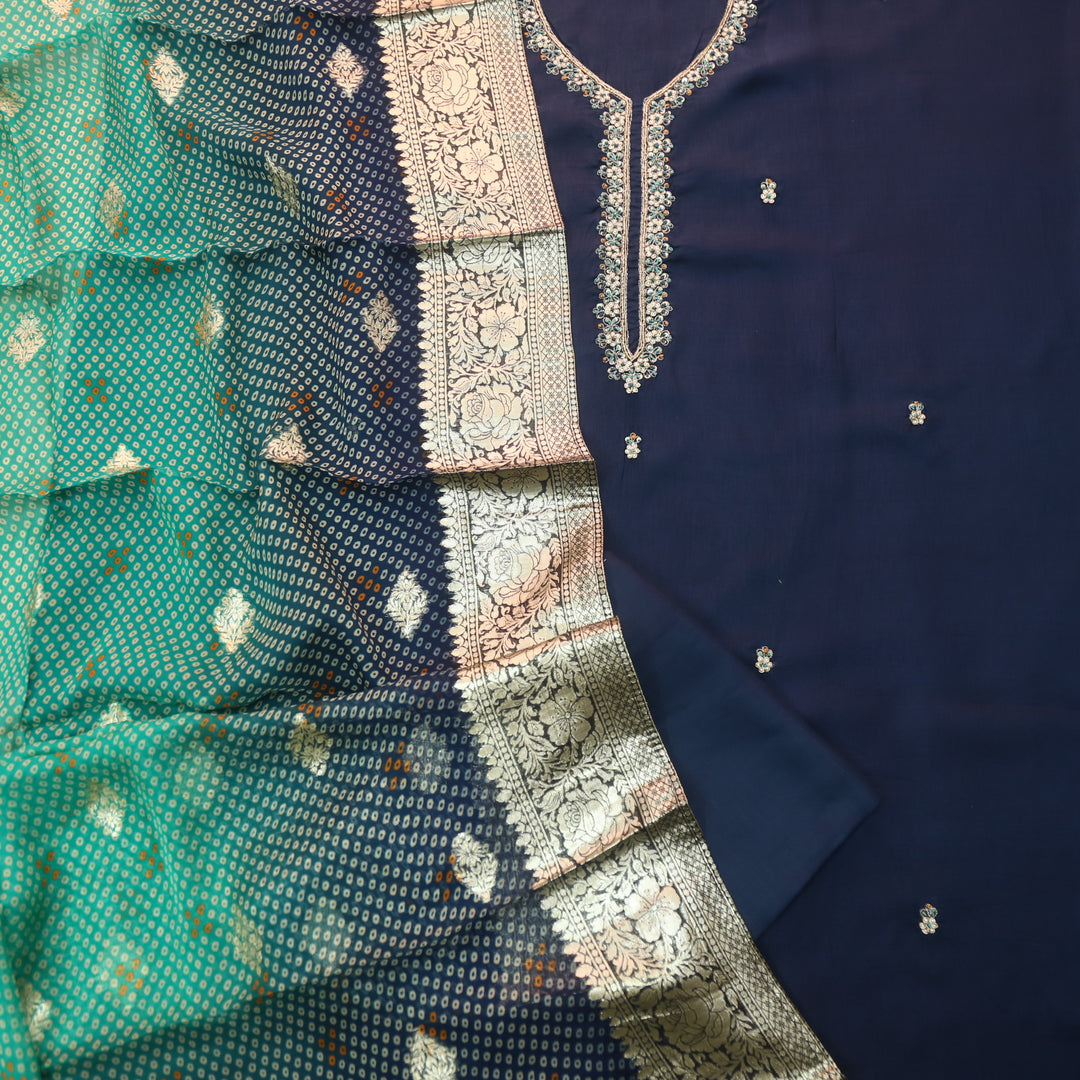 Aashna Stone Blue In Moti and Theard Embellish Neck Dola Silk Suit Set