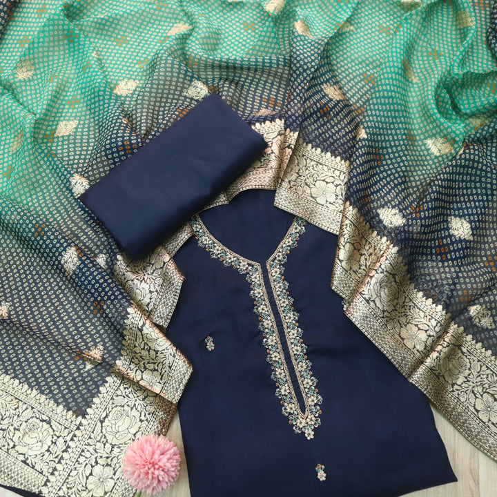 Aashna Stone Blue In Moti and Theard Embellish Neck Dola Silk Suit Set