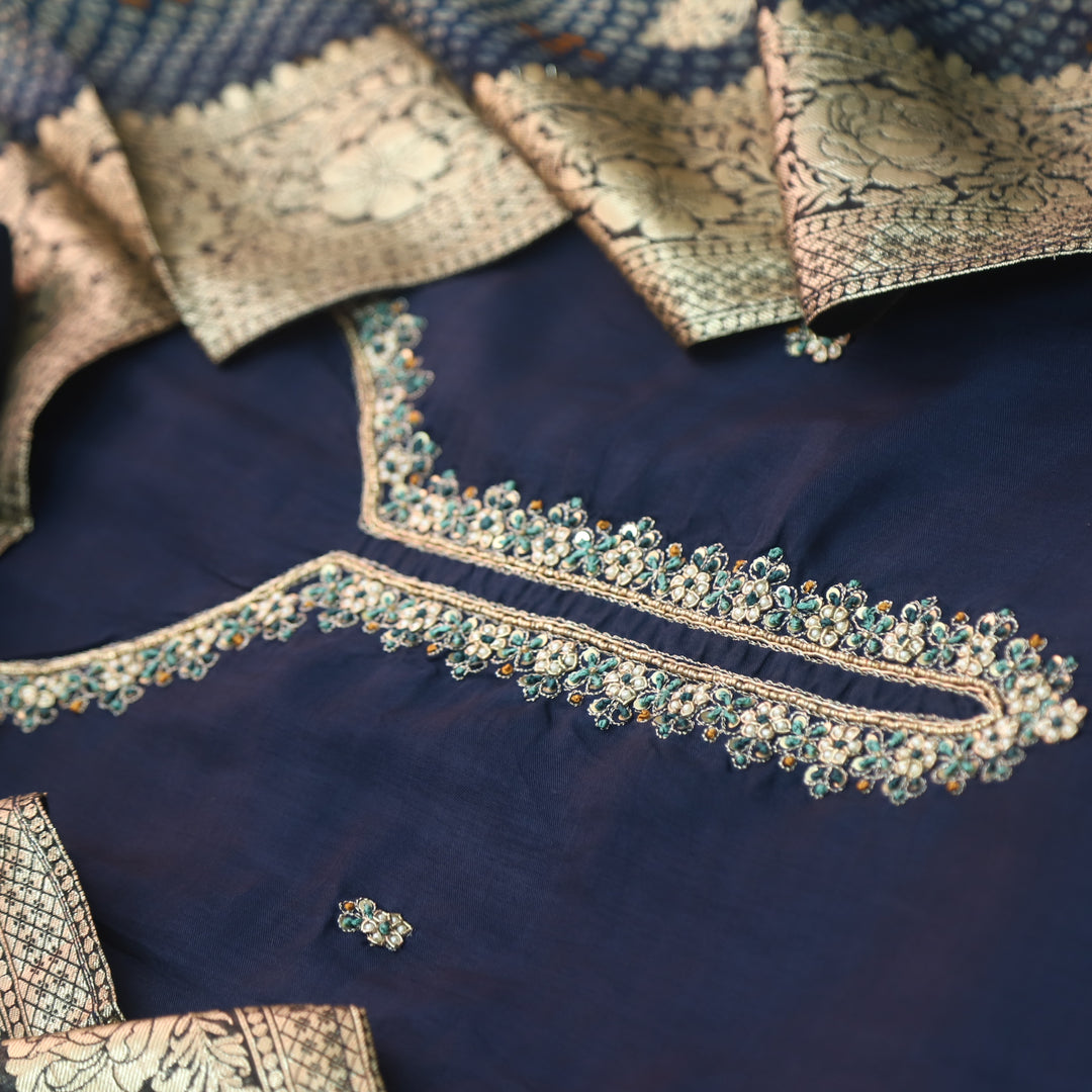 Aashna Stone Blue In Moti and Theard Embellish Neck Dola Silk Suit Set