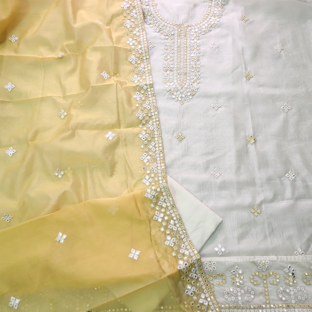 Dilbara White and Yellow Thread with Patra Work Neck Chanderi Suit Set